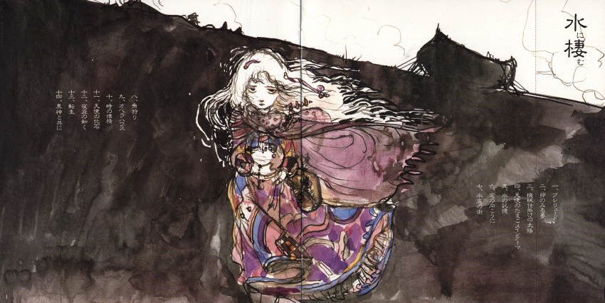1girl, cape, child, clouds, dress, egg, girl_(tenshi_no_tamago), highres