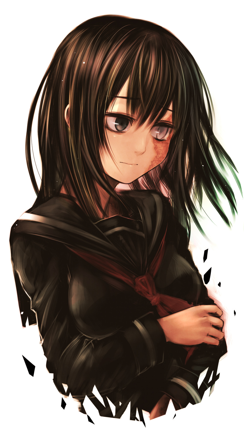 1girl, absurdres, black_eyes, black_hair, breasts, bust, highres, karahara_shima, kotoba_noriaki, long_hair, original, scar, school_uniform, serafuku, solo, white_eyes