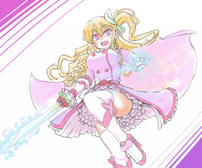 >:d, 1girl, :d, armored_boots, blonde_hair, boots, breasts, cape, charlotte_(sennen_sensou_aigis), frilled_skirt, frills, gauntlets, gradient_eyes, hair_ornament, high_heel_boots, high_heels, knee_boots, kurou_(sisoaoi), large_breasts, magic, multicolored_eyes, one_side_up, open_mouth, overskirt, pink_eyes, sennen_sensou_aigis, skirt, smile, sword, thigh-highs, violet_eyes, weapon, white_background, white_legwear