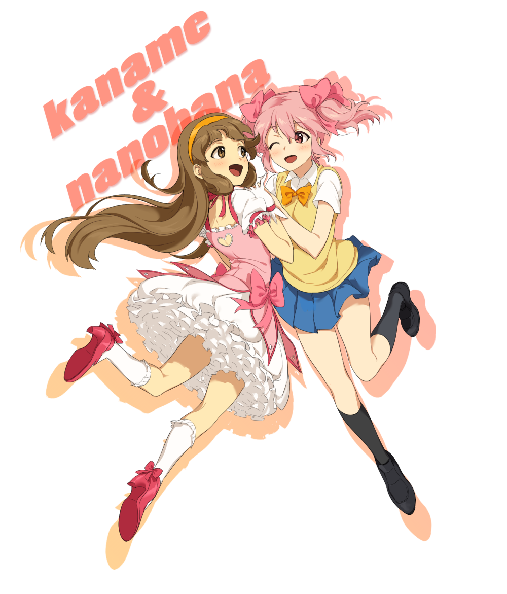 2girls, blue_skirt, blush, brown_eyes, brown_hair, bubble_skirt, character_name, cosplay, costume_switch, crossover, gloves, hairband, heart, high_heels, holding_hands, inazuma_eleven_(series), inazuma_eleven_go, inazuma_eleven_go_chrono_stone, inja, kaname_madoka, long_hair, magical_girl, mahou_shoujo_madoka_magica, multiple_girls, nanobana_kinako, one_eye_closed, open_mouth, pink_eyes, pink_hair, pleated_skirt, raimon, raimon_school_uniform, school_uniform, seiyuu_connection, short_twintails, skirt, socks, sweater, twintails, white_background, yuuki_aoi