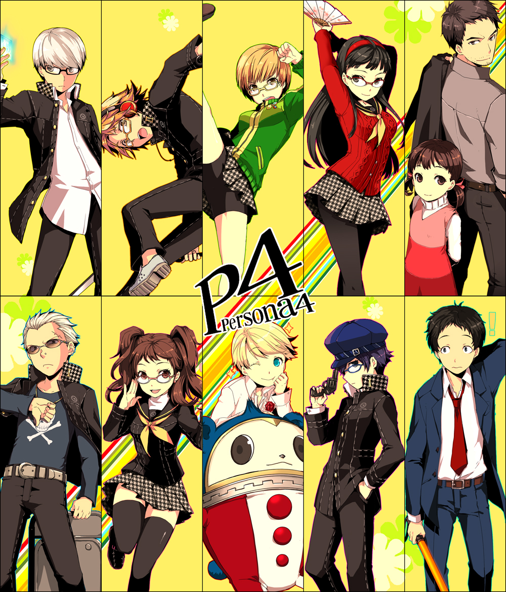 adachi_tohru, amagi_yukiko, androgynous, bike_shorts, black_hair, blonde_hair, blue-framed_glasses, blue_eyes
