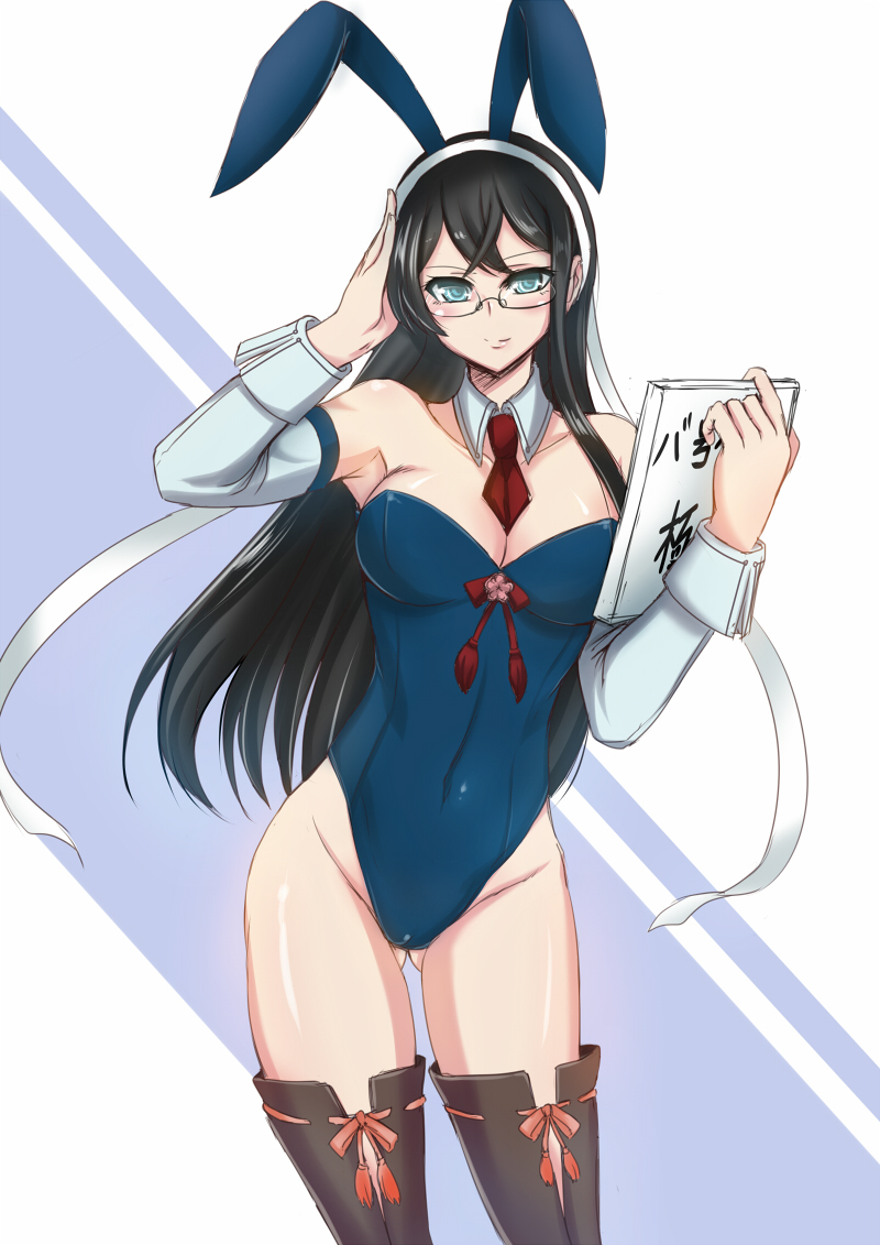 1girl, animal_ears, black_hair, blue_eyes, book, bunnysuit, detached_collar, detached_sleeves