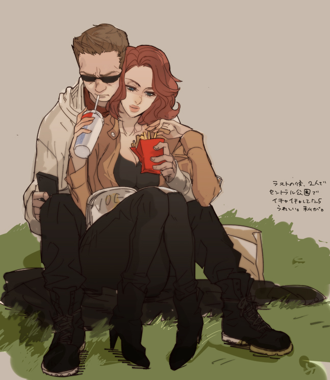1boy, 1girl, avengers, black_widow, brown_hair, casual, clint_barton, drink