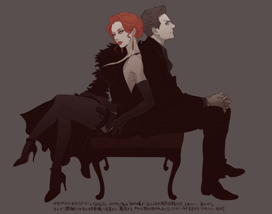 1boy, 1girl, avengers, back-to-back, black_widow, breasts, brown_hair, clint_barton