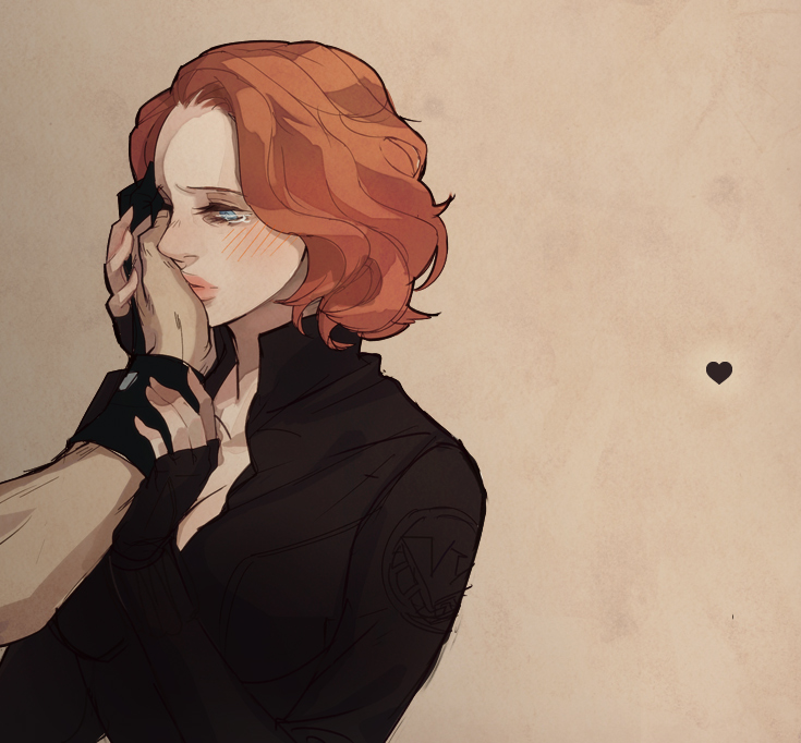 1girl, avengers, black_widow, blue_eyes, blush, bodysuit, hand_on_another's_face, marvel