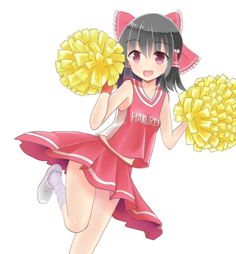 1girl, alternate_costume, bare_arms, black_hair, bow, character_name, cheerleader, folded_leg