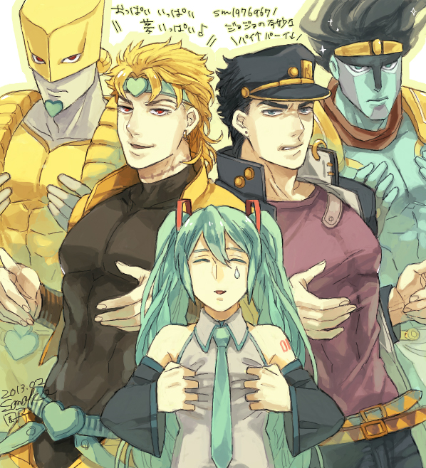 1girl, 4boys, aqua_hair, black_hair, blonde_hair, crossover, dio_brando, hatsune_miku