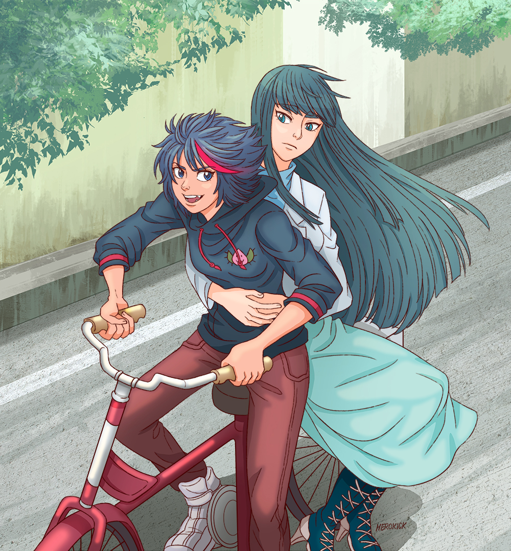 bicycle, black_hair, blue_eyes, boots, concerned, eyebrows, herokick, holding, hoodie, kill_la_kill, kiryuuin_satsuki, matoi_ryuuko, messy_hair, motor_vehicle, motorcycle, pants, riding, short_hair, skirt, smile, tagme, thick_eyebrows, vehicle