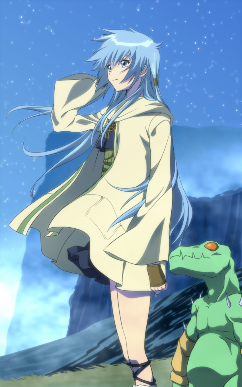 1girl, blue_eyes, blue_hair, coat, duel_monster, eria, gigobyte, highres, hood, lizardman, long_hair, mototenn, sky, spikes, standing, star_(sky), starry_sky, yuu-gi-ou