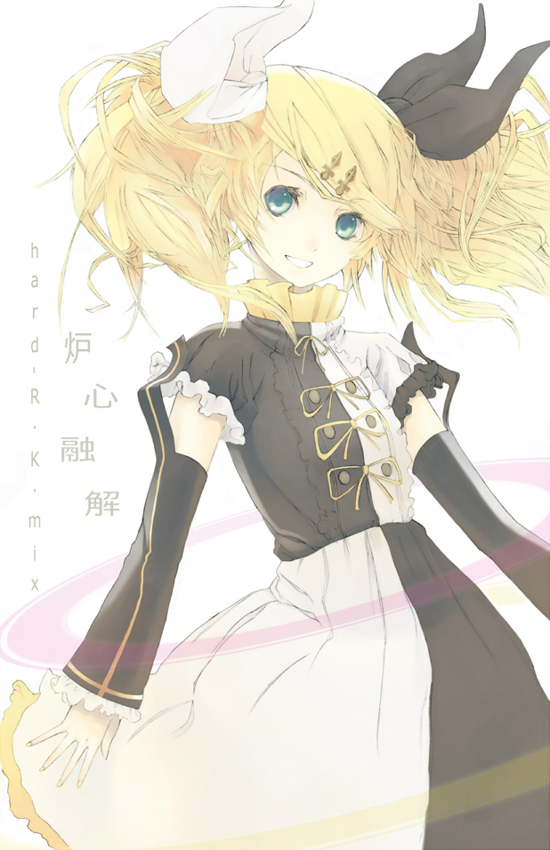 alternate_hairstyle, aqua_eyes, blonde_hair, ciev, detached_sleeves, dress, hair_ornament, hair_ribbon
