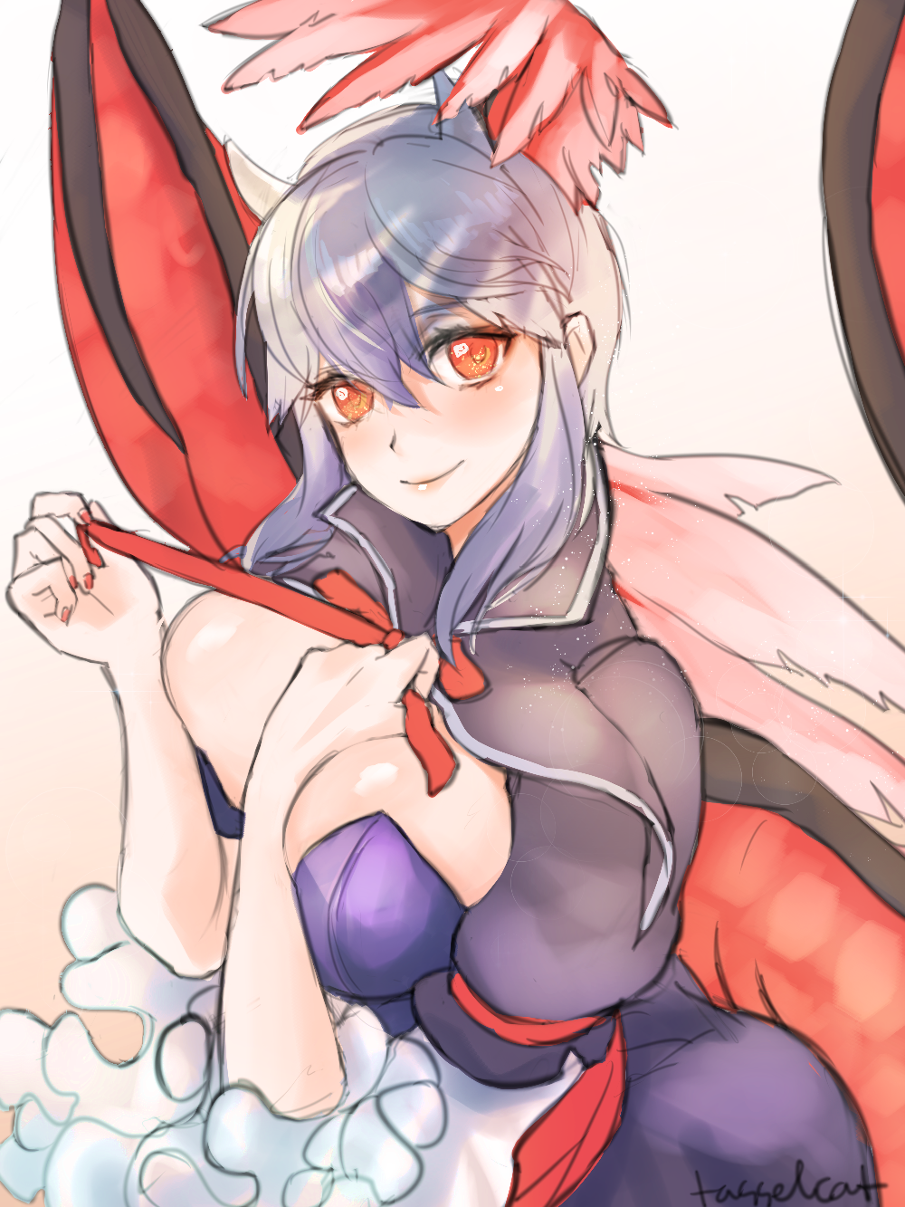 1girl, ahoge, alternate_breast_size, blue_hair, breasts, cleavage, deep_skin, hands_on_own_chest