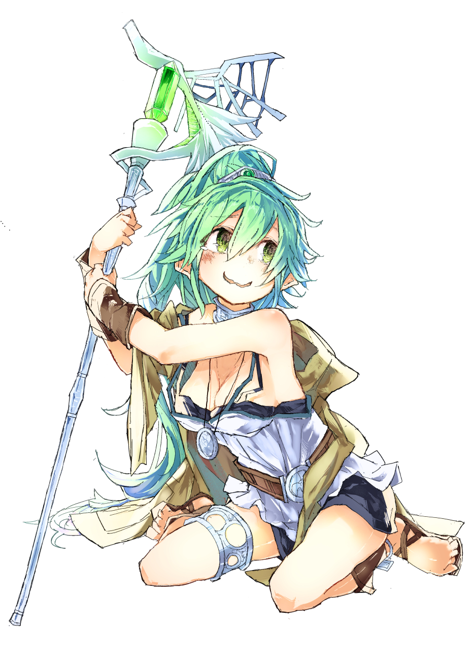1girl, akiyama_tama, bare_shoulders, barefoot, barefoot_sandals, breasts, cleavage, duel_monster