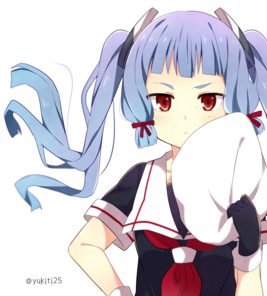 1girl, frown, gloves, hand_on_hip, harusame_(kantai_collection)_(cosplay), kantai_collection, looking_at_viewer, murakumo_(kantai_collection)
