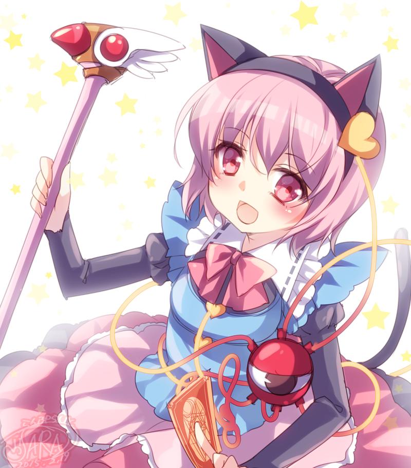 1girl, adapted_costume, alternate_costume, animal_ears, blush, bow, card, cardcaptor_sakura