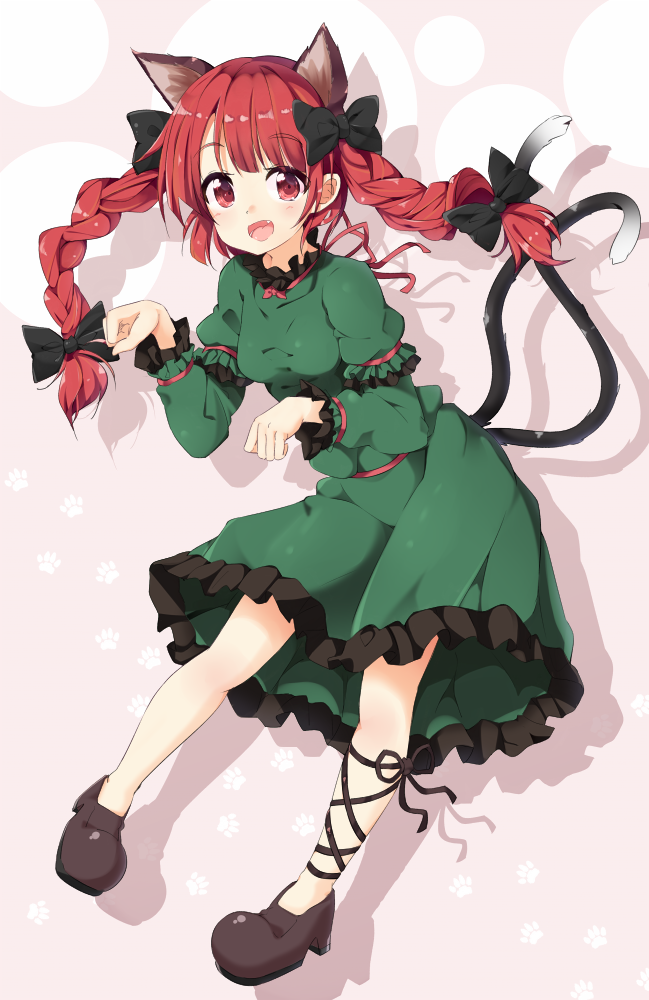 1girl, animal_ears, arm_ribbon, boushi_(nandemo), bow, braid, cat_ears, cat_tail