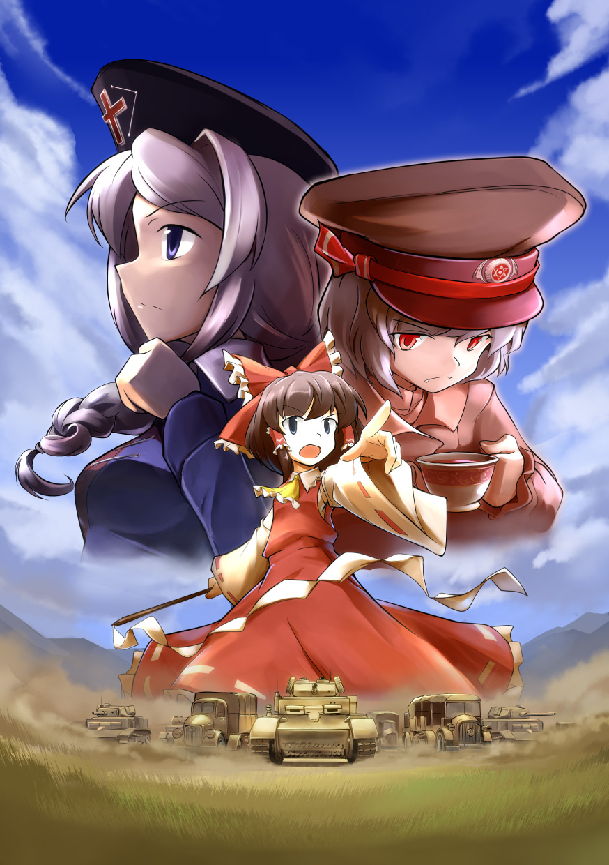 blue_eyes, braid, cup, fat_(artist), gohei, hakurei_reimu, hat, highres