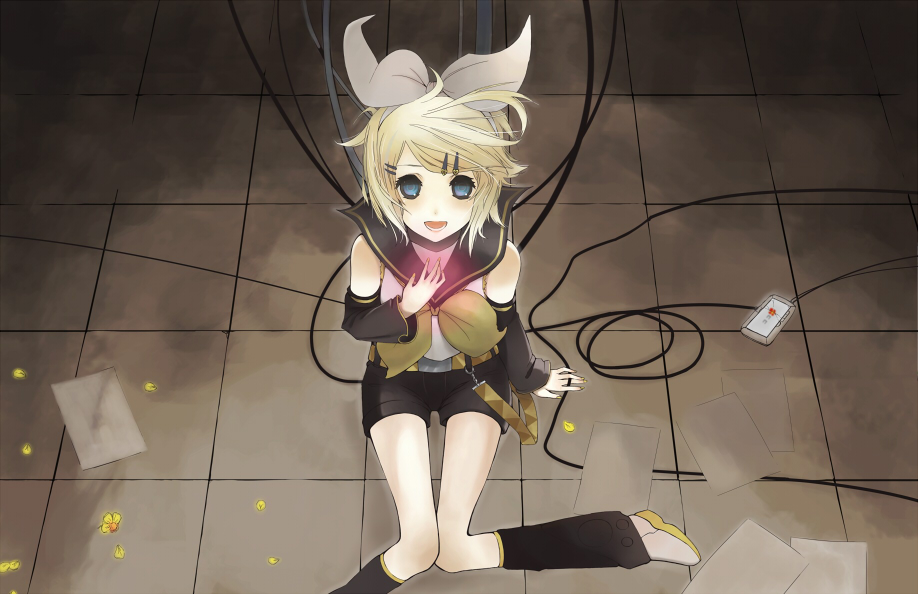 blue_eyes, ciev, flower, hair_ornament, hair_ribbon, hairclip, kagamine_rin, kokoro_(vocaloid)