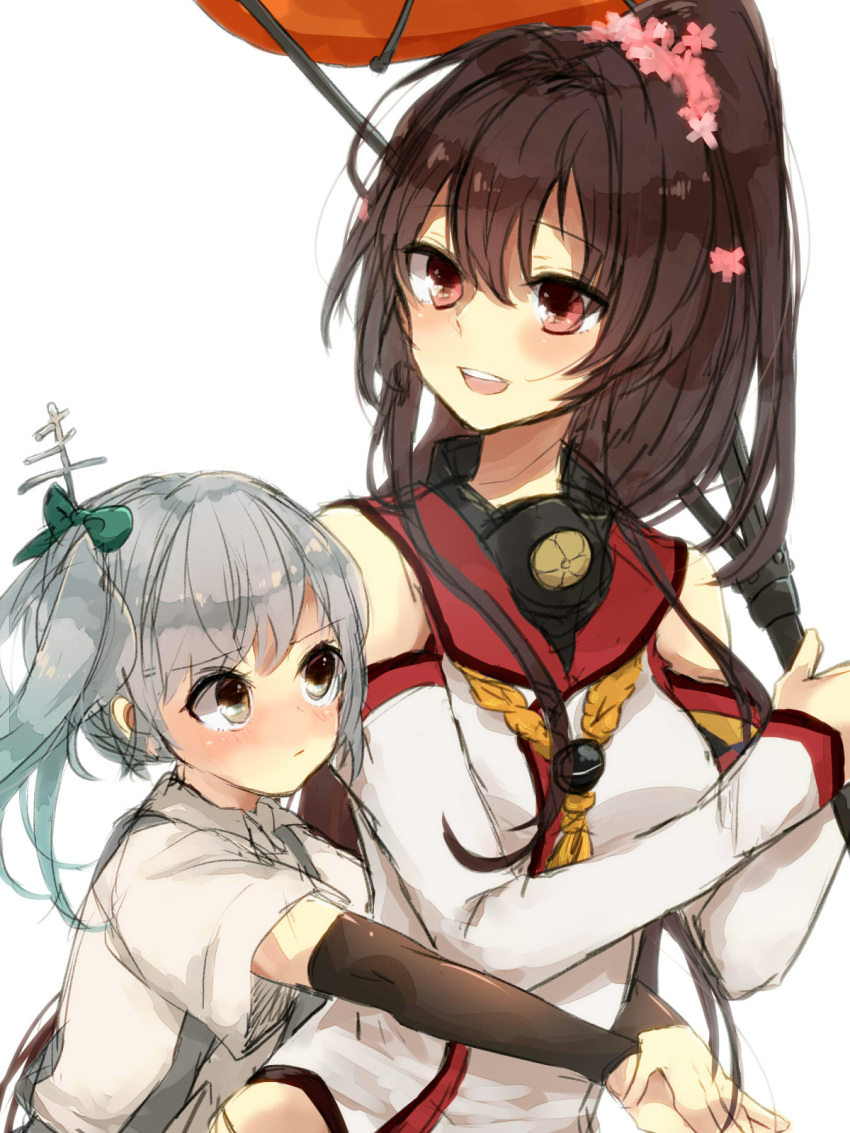 2girls, arm_warmers, bangs, bare_shoulders, blunt_bangs, blush, bow, brown_hair