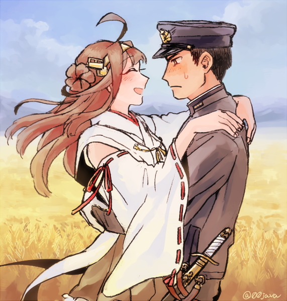 1boy, 1girl, admiral_(kantai_collection), ahoge, brown_hair, detached_sleeves, gloves, hairband, happy, hat, headgear, hug, japanese_clothes, kantai_collection, kongou_(kantai_collection), long_hair, military, military_uniform, nontraditional_miko, open_mouth, shigemitsu_jun, smile, uniform