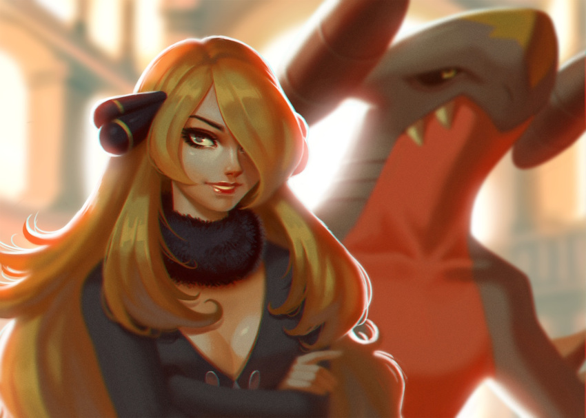 1girl, blonde_hair, garchomp, hair_over_one_eye, long_hair, pokemon, pokemon_(creature), scarlet_desires, shirona_(pokemon)