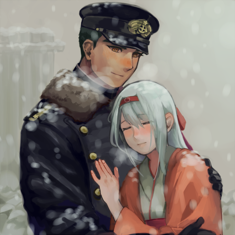 1boy, 1girl, black_hair, closed_eyes, couple, gloves, hairband, hat, hetero, hug, japanese_clothes, kantai_collection, long_hair, military, military_uniform, orange_eyes, shigemitsu_jun, short_hair, shoukaku_(kantai_collection), silver_hair, snow, snowing, uniform
