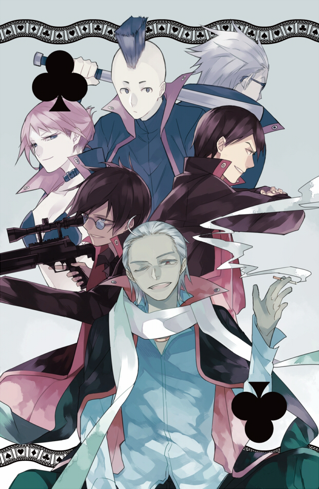 1girl, 5boys, baseball_bat, black_hair, carlos_(etsusa_oohashi), coat, etsusa_oohashi, gen-san_(etsusa_oohashi)