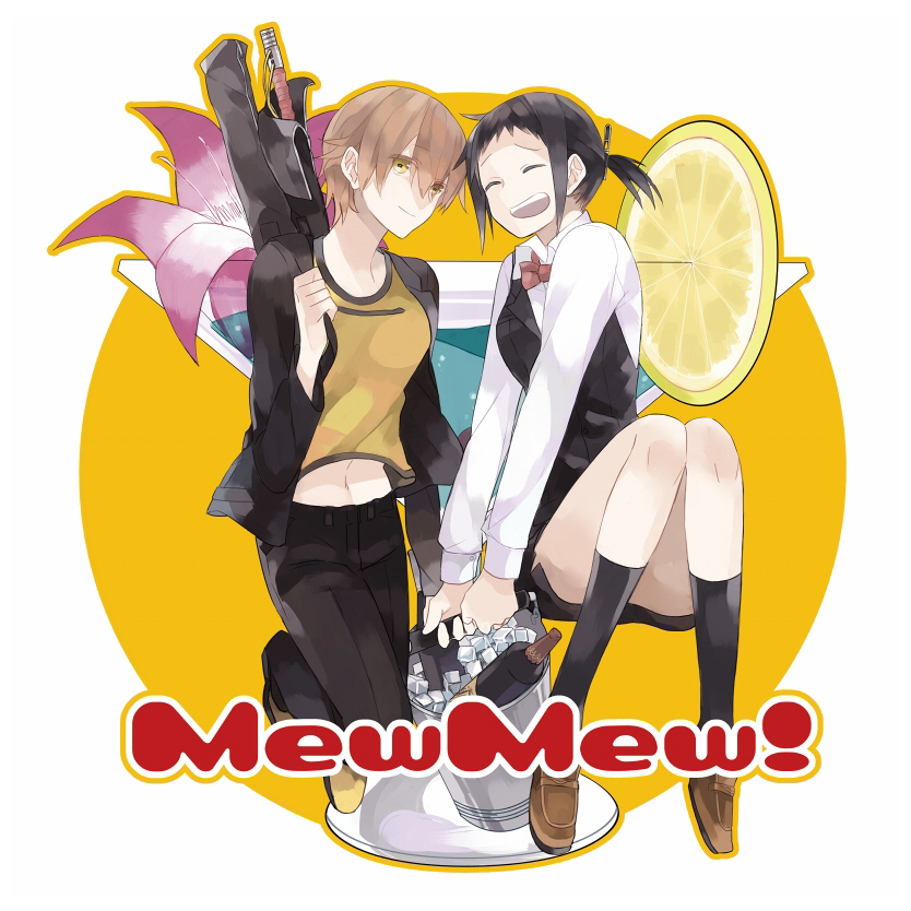 2girls, black_hair, brown_hair, bucket, closed_eyes, cocktail, etsusa_oohashi, flower
