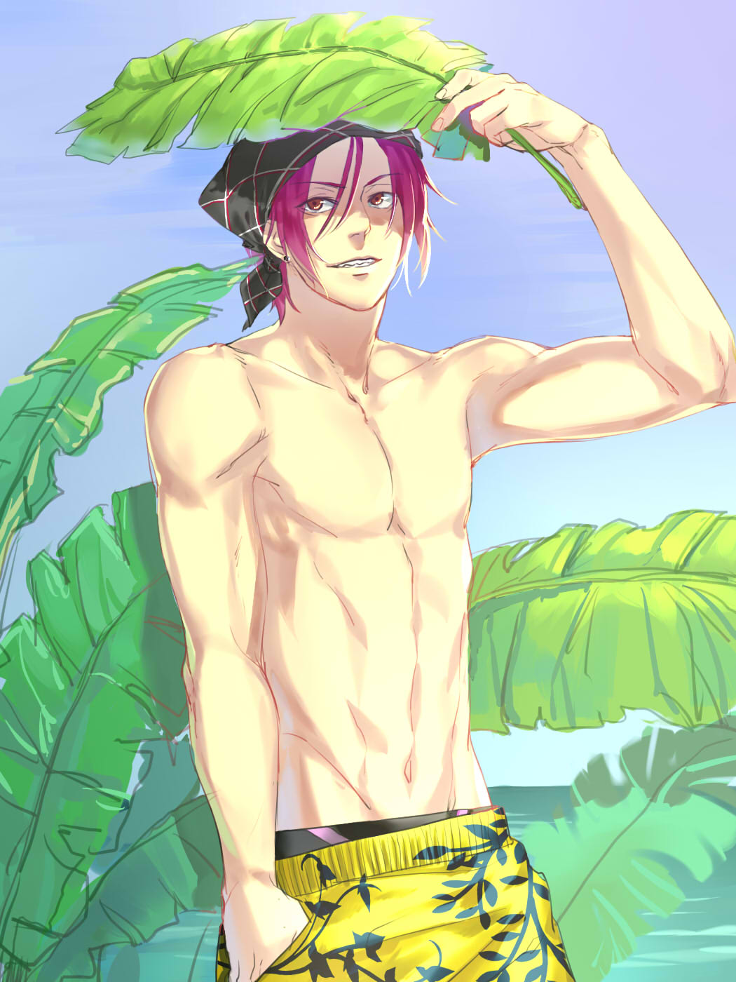 1boy, candytang442494812, earrings, free!, grin, head_scarf, highres, jammers