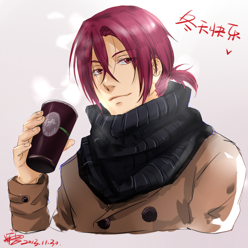 1boy, candytang442494812, coat, coffee, cup, free!, male_focus, matsuoka_rin