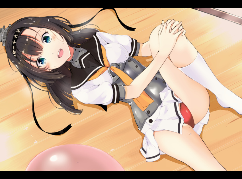 1girl, akizuki_(kantai_collection), black_hair, blue_eyes, hair_ornament, hair_ribbon, headband, kantai_collection