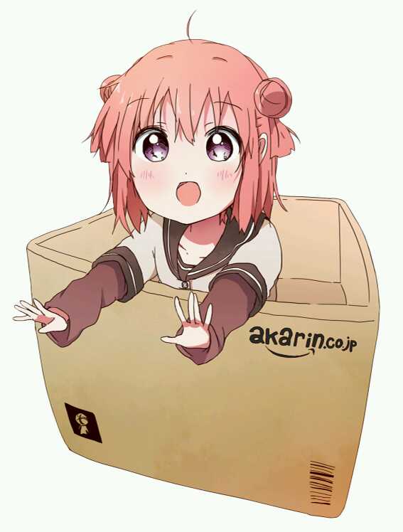 1girl, ahoge, akaza_akari, amazon_(company), blush, box, brand_name_imitation, cardboard_box
