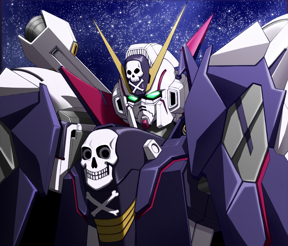 crossbone_gundam, crossbone_gundam_x-1, crossbone_gundam_x-1_full_cloth, green_eyes, gundam, gundam_build_fighters, gundam_build_fighters_try, mecha