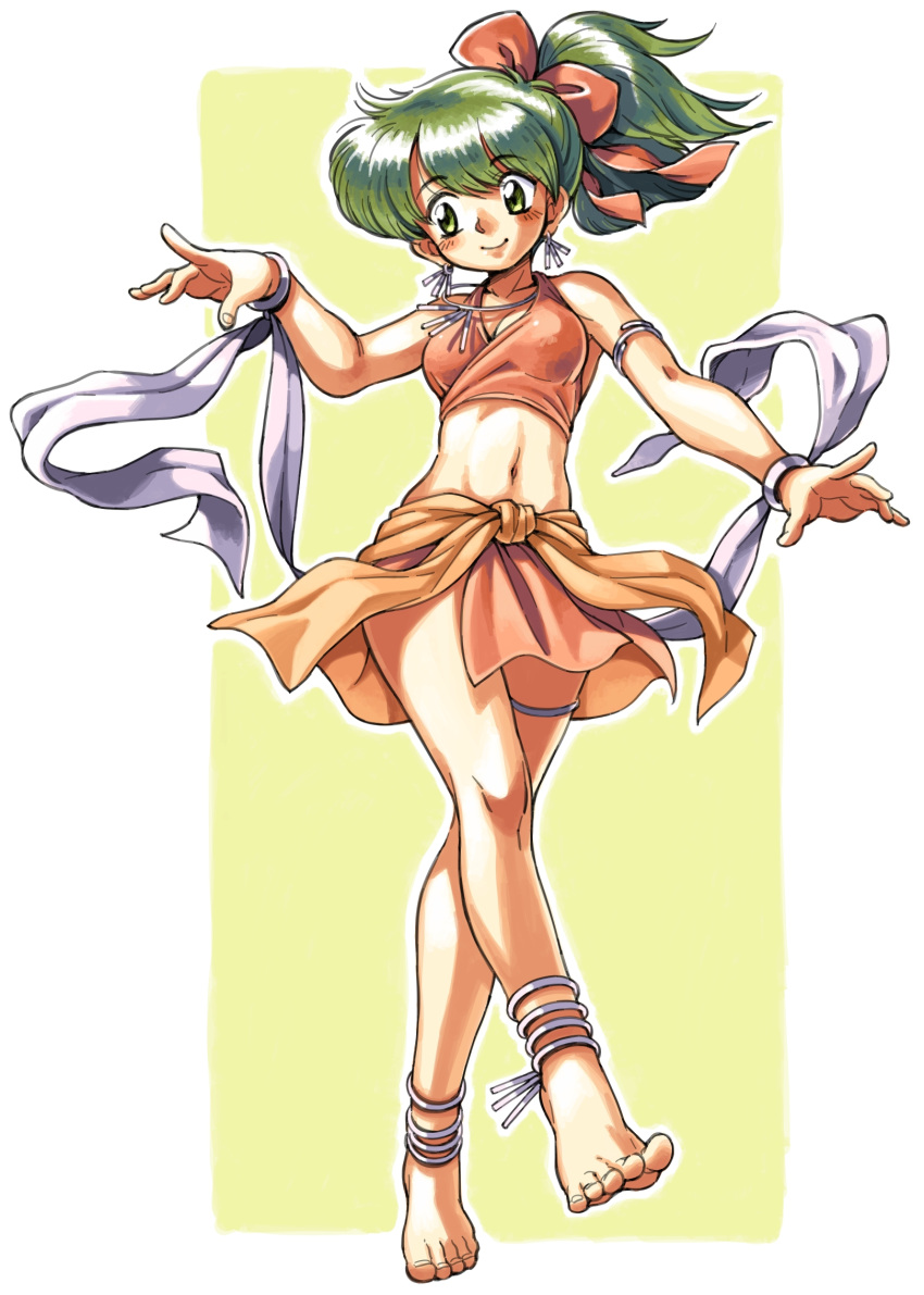 1girl, anklet, barefoot, blush, dancer, earrings, feet, fire_emblem, fire_emblem:_seisen_no_keifu, green_eyes, green_hair, hair_ribbon, highres, jewelry, leen_(fire_emblem), long_hair, navel, necklace, oyatsu_(mk2), ponytail, ribbon, skirt, smile, solo, toes