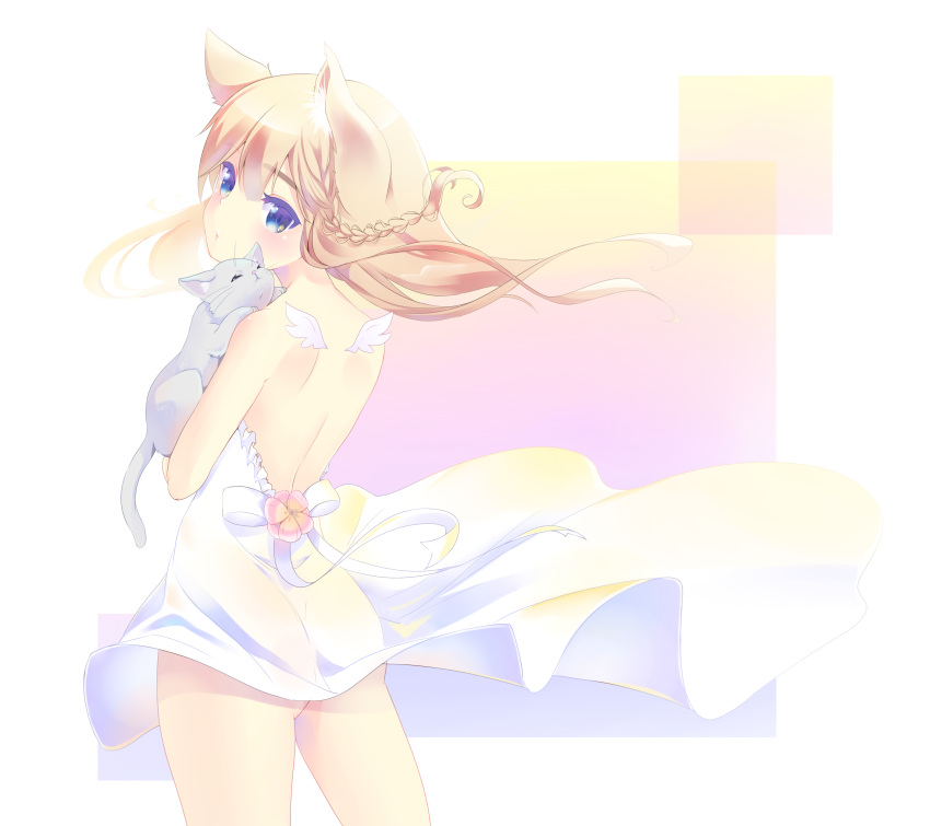 1girl, absurdres, akira_b, animal_ears, back, bare_shoulders, blonde_hair, blush