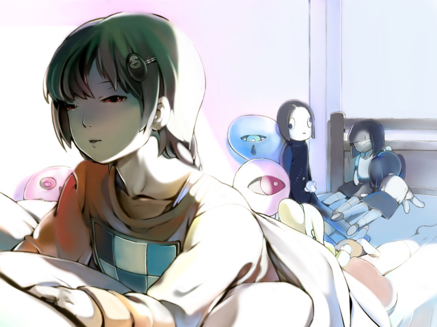 bed, brown_hair, hair_ornament, hairclip, highres, kasei-san, kyukkyu-kun, long_hair