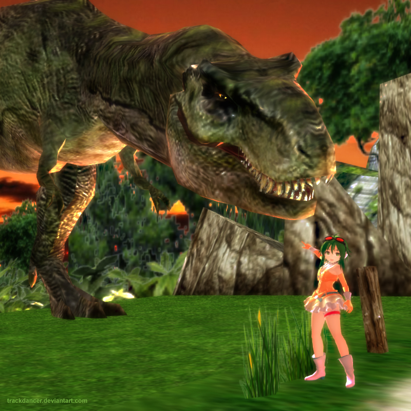 1girl, 3d, ahoge, boots, dinosaur, garter, goggles, goggles_on_head, grass, green_eyes, green_hair, gumi, mikumikudance, open_mouth, pointing, short_hair, smile, solo, trackdancer, tyrannosaurus, vocaloid