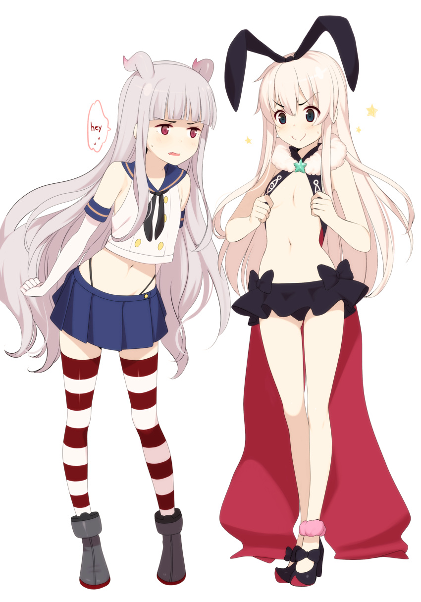 2girls, antenna_hair, bangs, black_panties, blonde_hair, blunt_bangs, blush, cosplay, costume_switch, elbow_gloves, eventh7, fur_trim, gloves, hairband, high_heels, highleg, highleg_panties, highres, hoshimiya_kate, kantai_collection, long_hair, lowleg_skirt, midriff, multiple_girls, navel, open_mouth, panties, red_eyes, sekai_seifuku:_bouryaku_no_zvezda, shimakaze_(kantai_collection), silver_hair, simple_background, skirt, smile, star, striped, striped_legwear, thigh-highs, underwear, venera-sama, very_long_hair, white_background, white_gloves