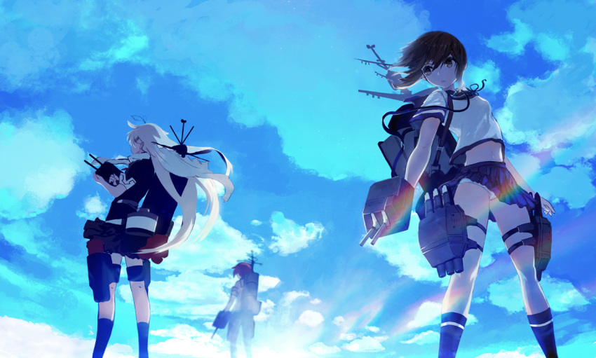 3girls, cannon, clouds, cloudy_sky, commentary, fubuki_(kantai_collection), hair_ribbon, kantai_collection