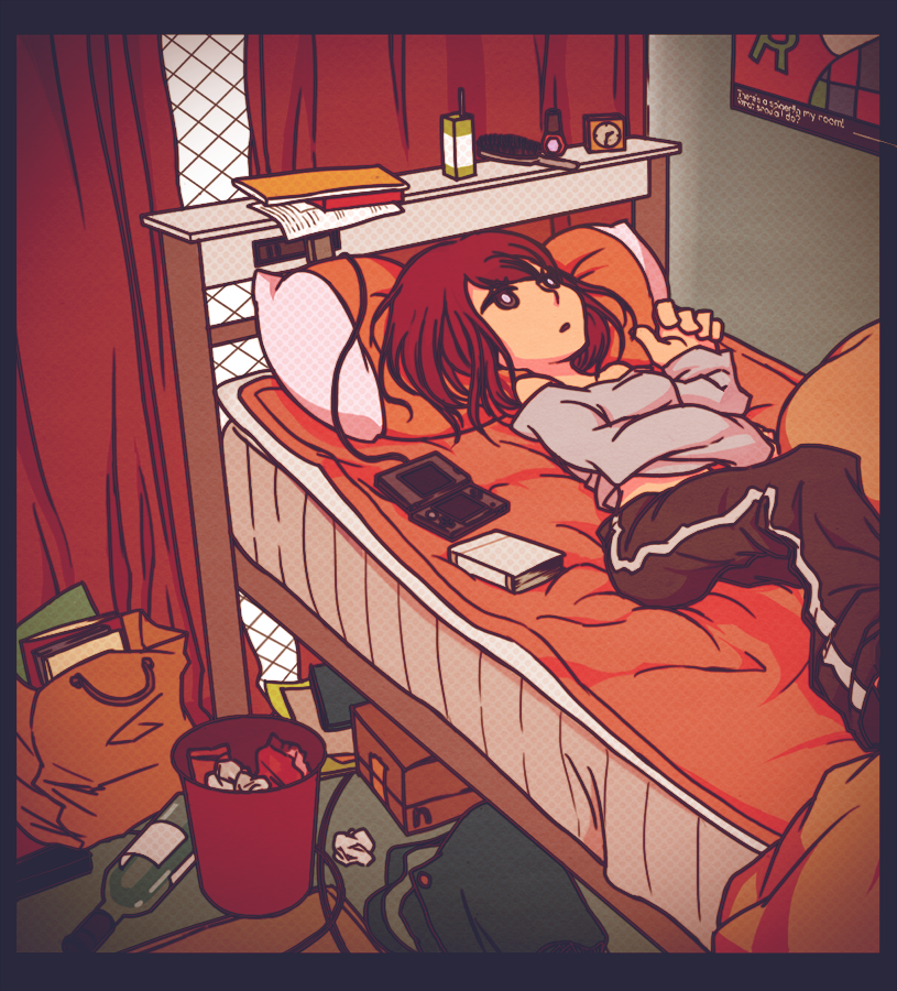 1girl, bag, bed, bedroom, black_border, book, border, bottle