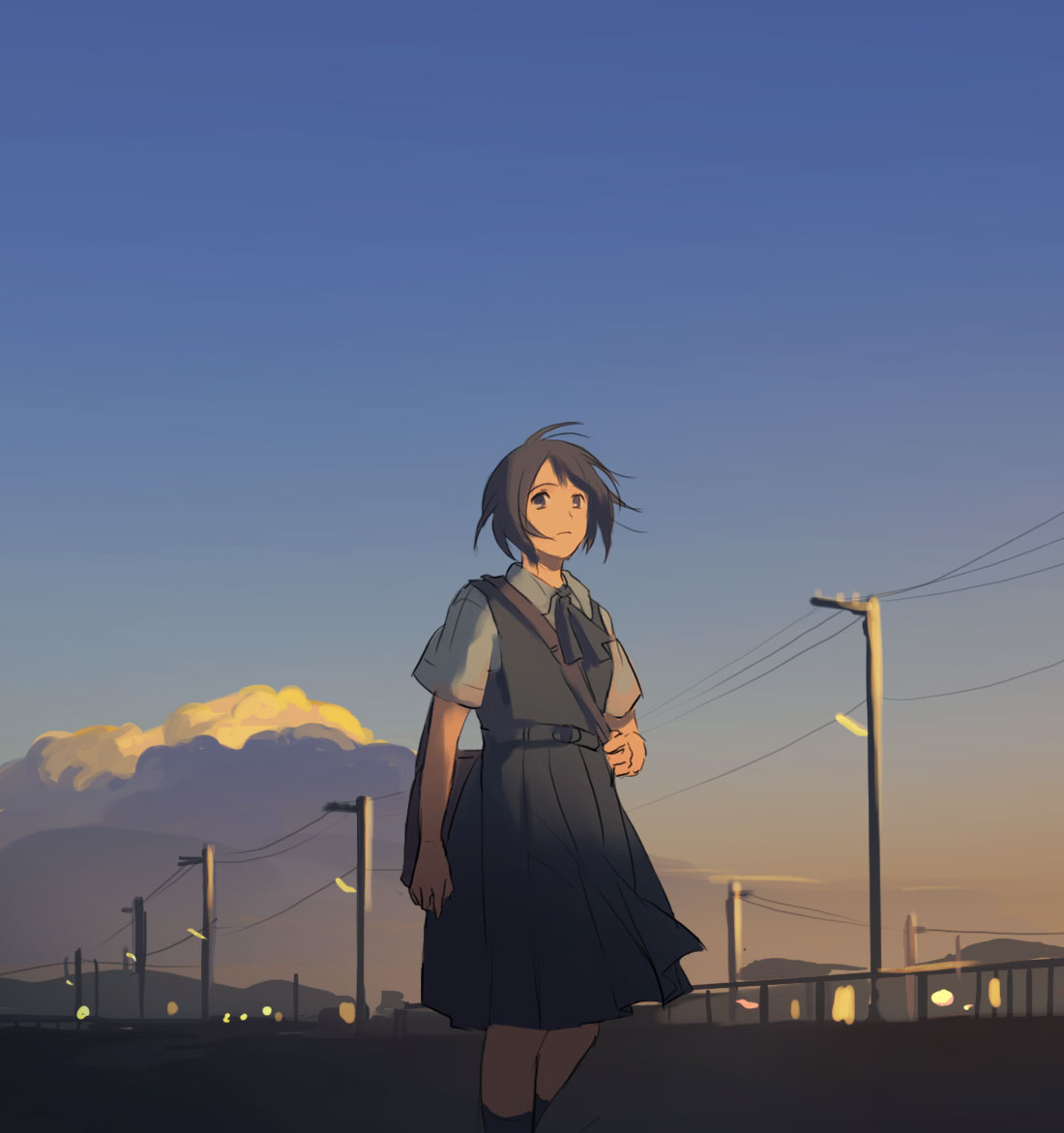 1girl, black_eyes, black_hair, city_lights, clouds, frown, hanno, hill