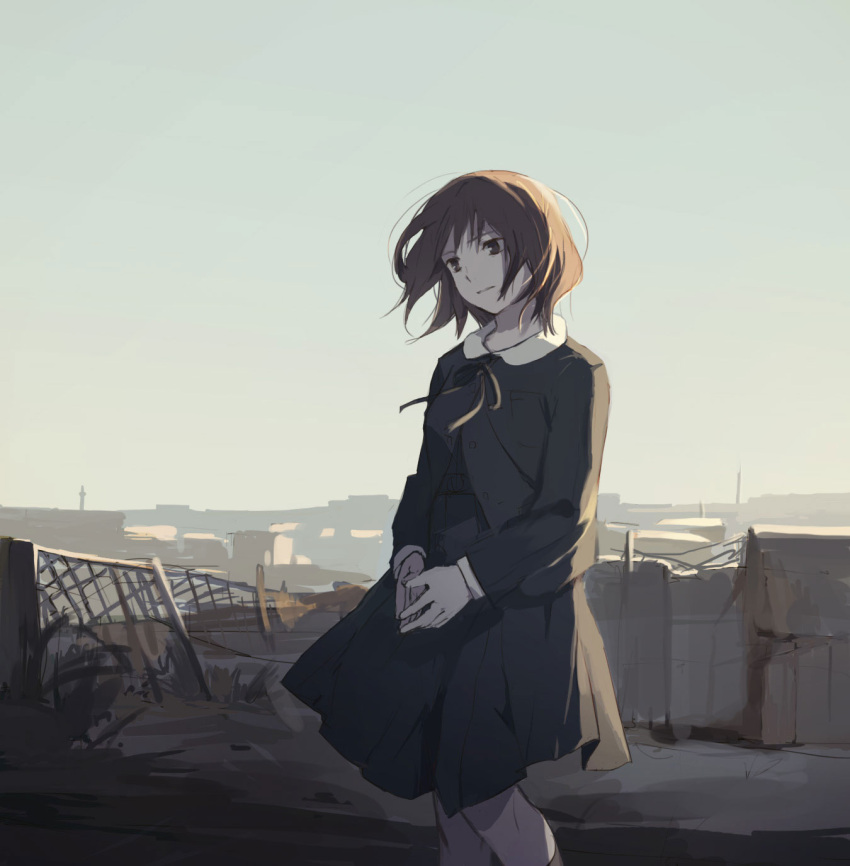 1girl, black_eyes, brown_hair, city, dusk, hands_together, hanno, highres