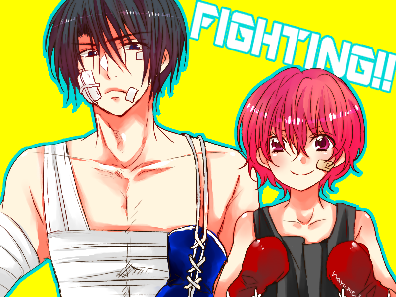 1boy, 1girl, akatsuki_no_yona, bandages, black_hair, boxing_gloves, hak_(akatsuki_no_yona), hibiki, redhead, short_hair, simple_background, yona_(akatsuki_no_yona)