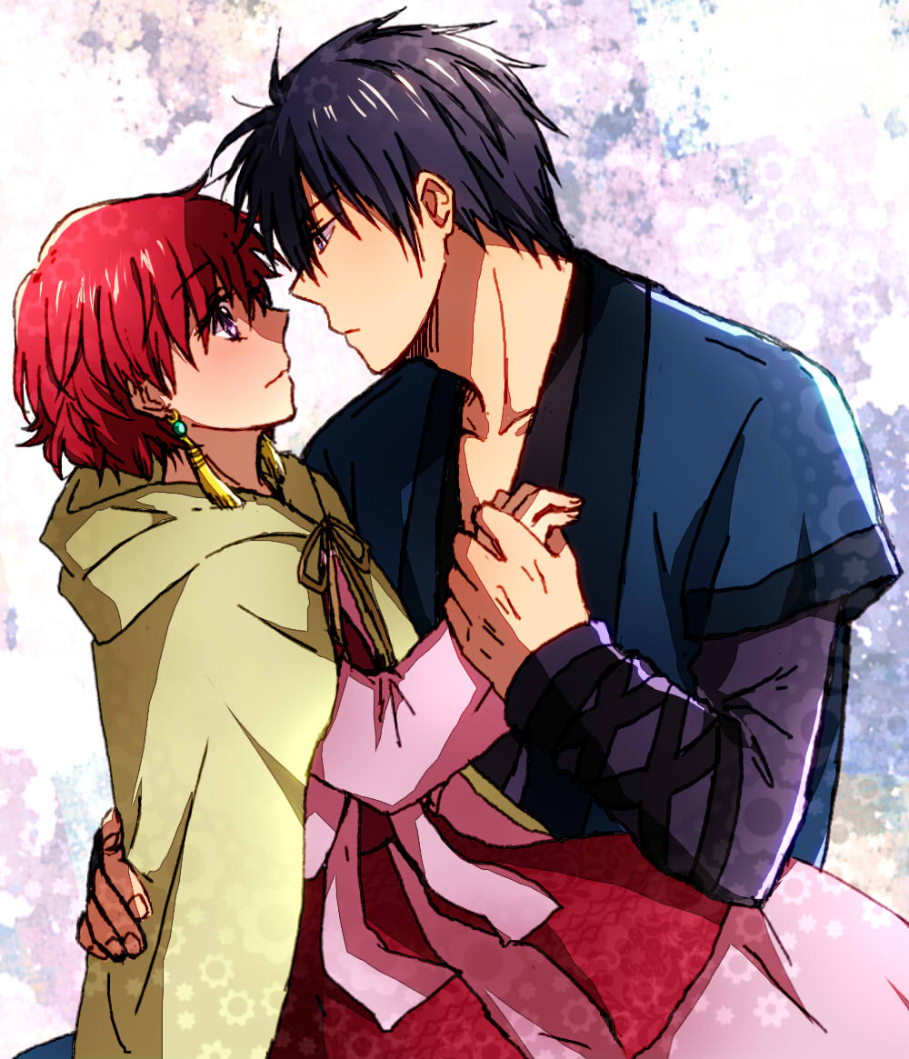 1boy, 1girl, akatsuki_no_yona, black_hair, blush, earrings, hak_(akatsuki_no_yona), hinata