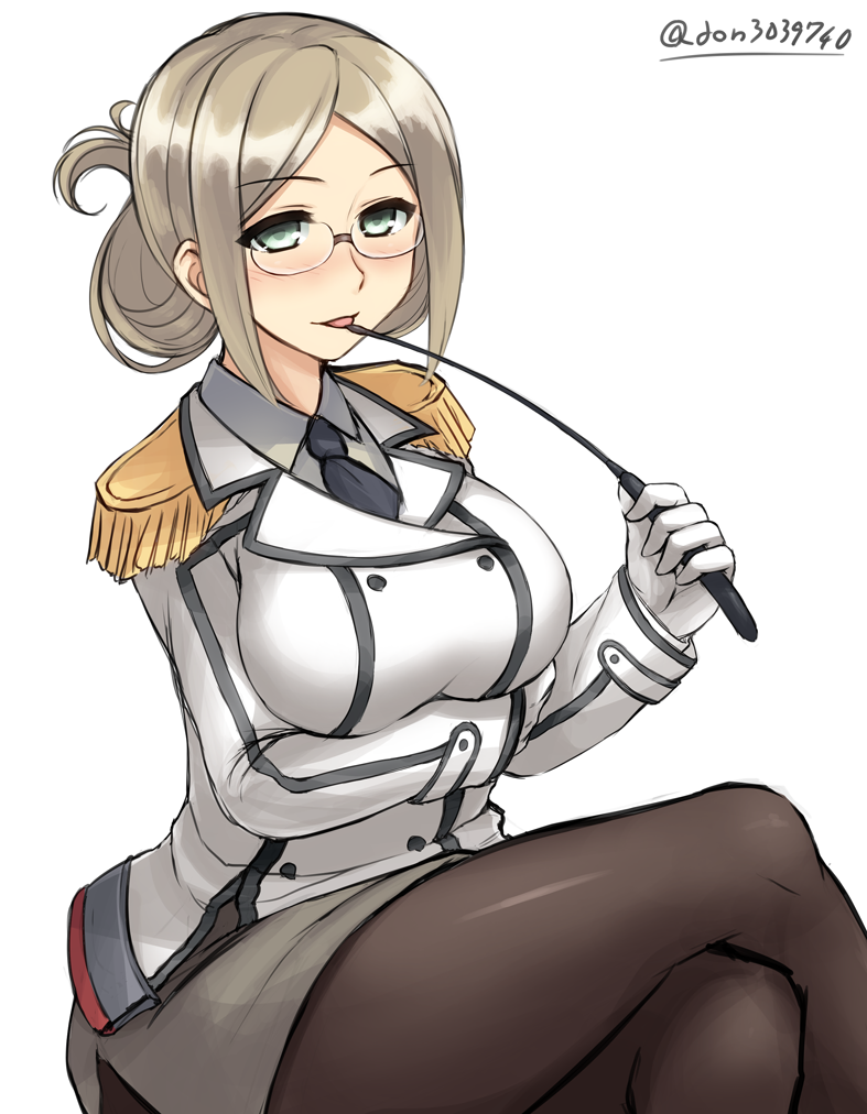 1girl, brown_hair, crossed_legs, don_(29219), epaulettes, folded_ponytail, glasses, gloves, green_eyes, kantai_collection, katori_(kantai_collection), military, military_uniform, necktie, pantyhose, riding_crop, sitting, uniform