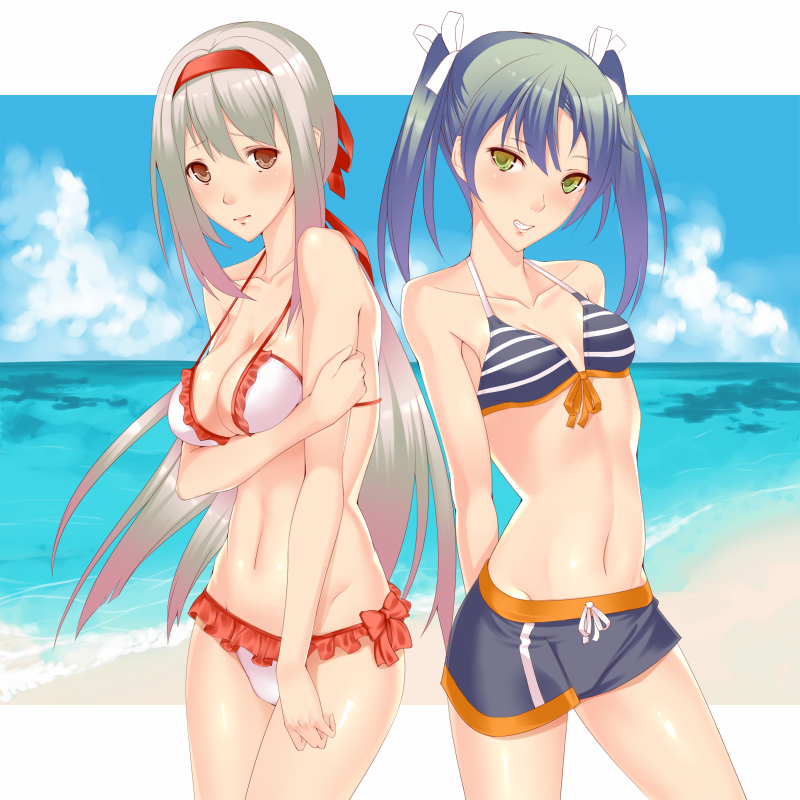 2girls, bikini, green_eyes, grey_hair, hairband, kantai_collection, long_hair, multiple_girls