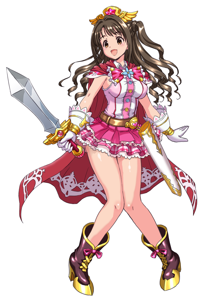 1girl, belt, boots, bow, brown_eyes, brown_hair, cape, drill_hair