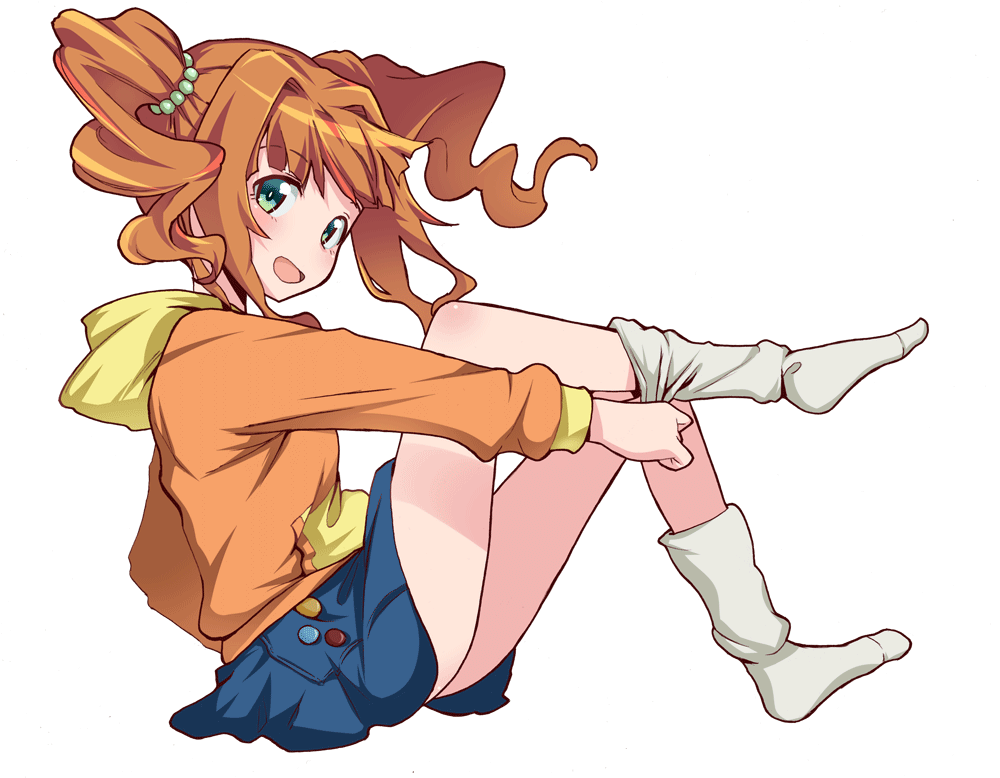 1girl, aokaze_(mimi_no_uchi), from_side, green_eyes, hoodie, idolmaster, long_hair, looking_at_viewer, open_mouth, orange_hair, sitting, skirt, smile, socks, solo, takatsuki_yayoi, twintails