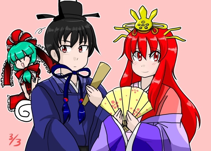 1boy, 2girls, ^_^, ^o^, black_hair, bow, closed_eyes, dress