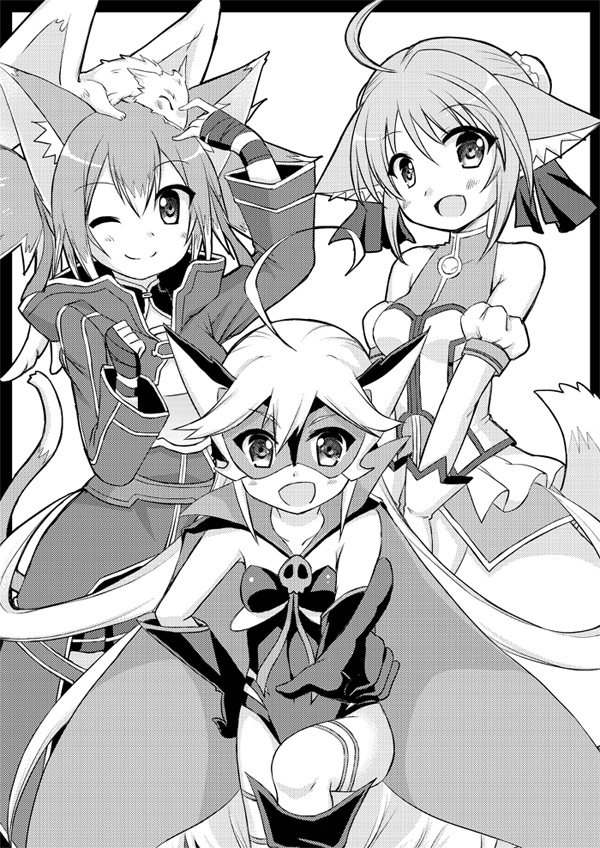 3girls, animal_ears, animal_on_head, blonde_hair, breastplate, cape, crossover, dog_days