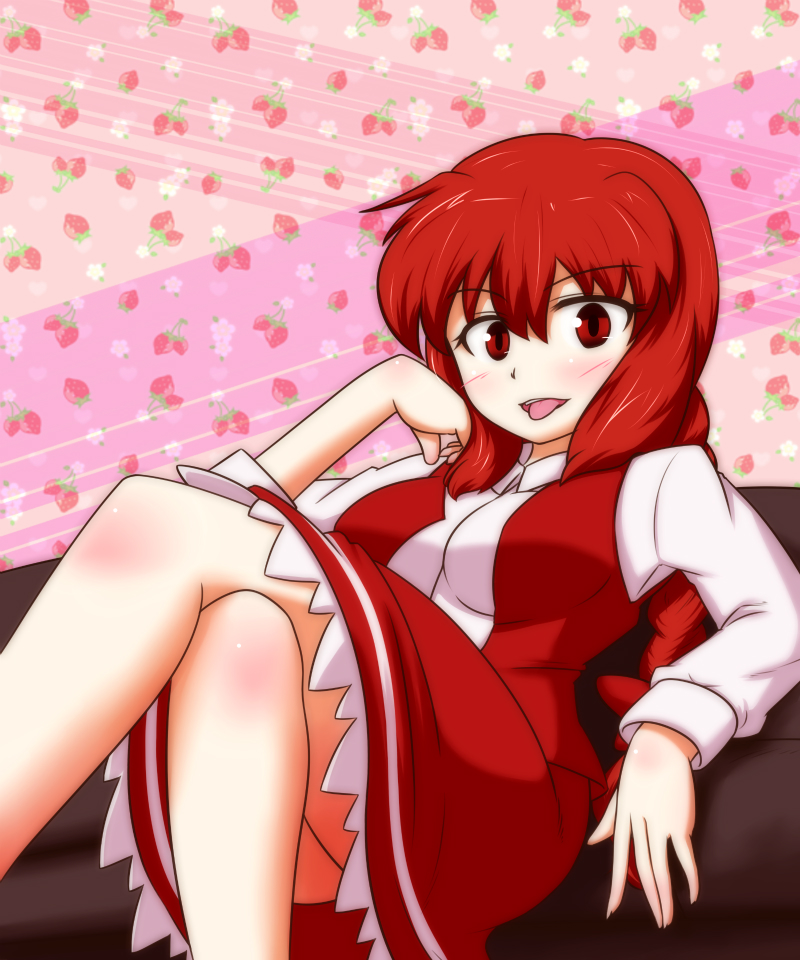 1girl, :p, blush, braid, crossed_legs, konokiya, legs, okazaki_yumemi